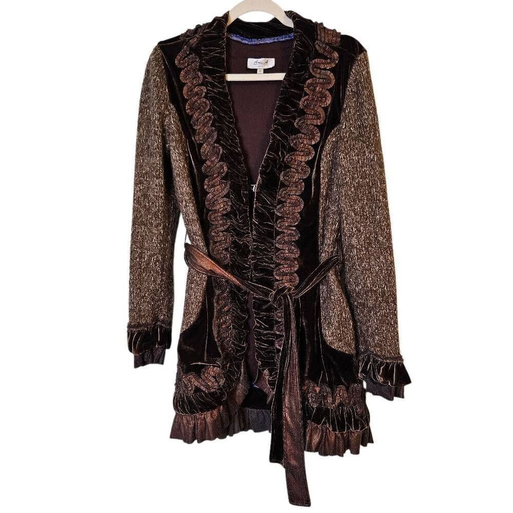 Aria A boho velour and knit cardigan,  brown. Size M.
